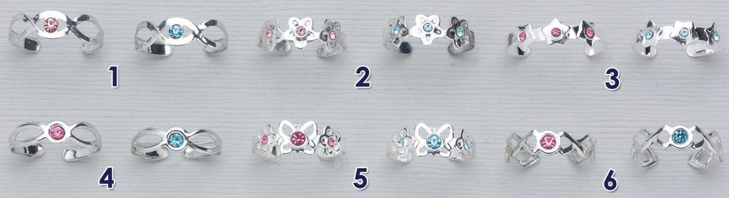 Silver Finished Toe-Rng W/Rhinestone Assorted TR-SSTN