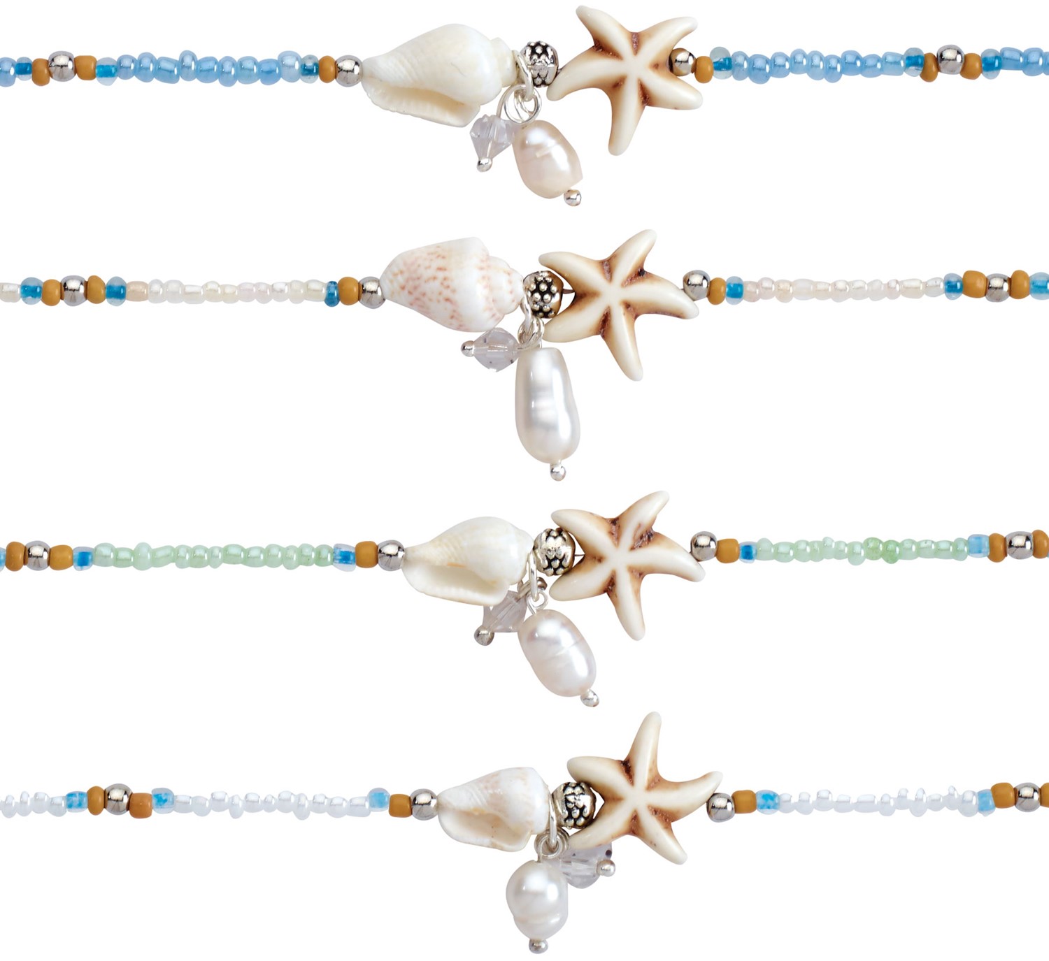 Seed Bead With Howlite Starfish And Nassau Shell Anklet Assorted AK2174