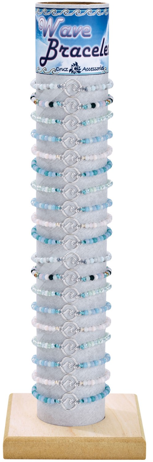 4mm Beads W/Circle Wave Pendant Adj Slide-Knot Bracelet Assorted W/Tube & Base BR0740-TUBE
