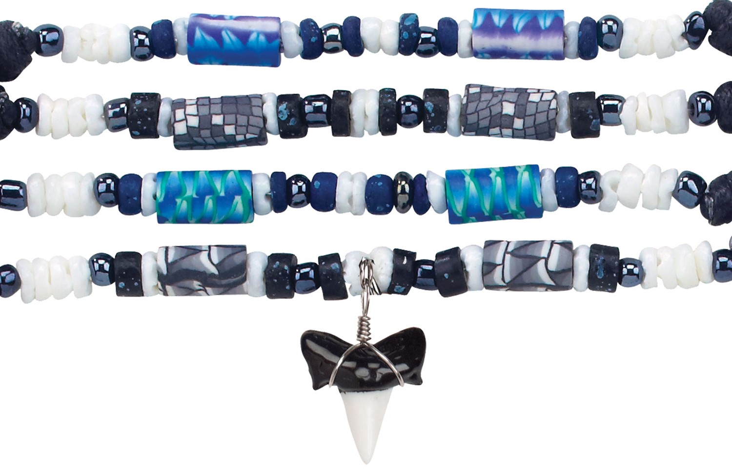 Enamel Shark Tooth Pendant On Adjustable Black Cord Fimo Bead Necklace Assorted ZNK1571-ST