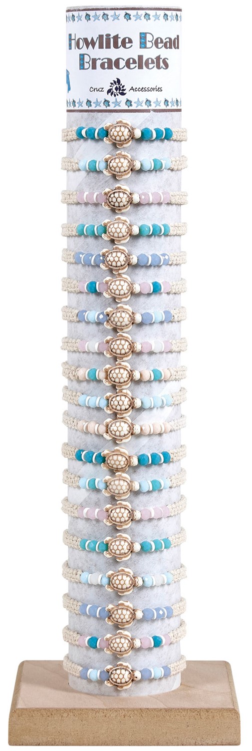 Howlite Turtle & Facet Bead Adjustable Slide Knot Bracelet Asstd W/Tube & Base BR0735-TURTLE-TUBE
