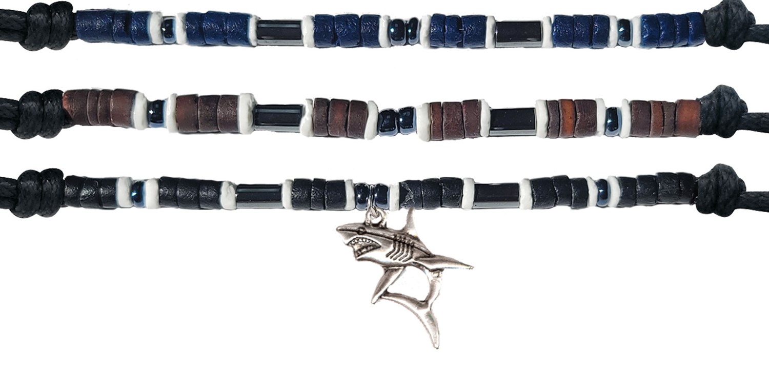 Shark Pndt On Black/Silv Litob Beads on Adj Black Cord Shark Tooth Necklace Asst ZNK1574-SK