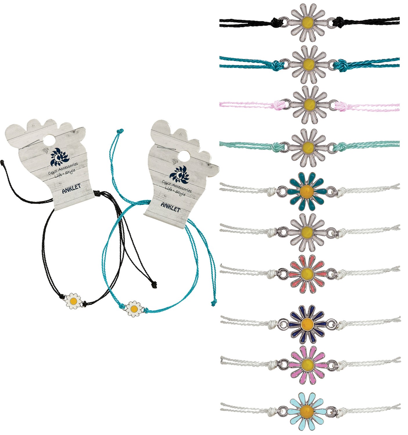 Enamel Daisy Pendant On Color Cord Adjustable Anklet Assorted AK0770