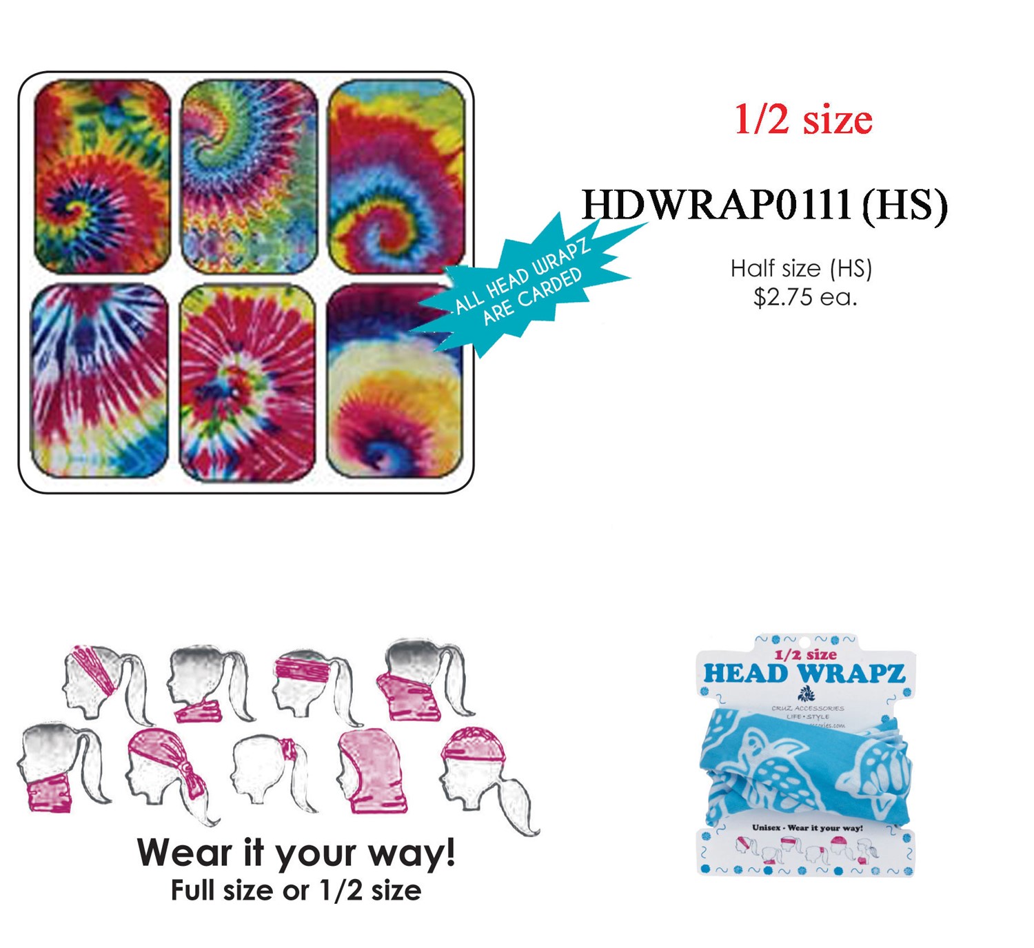 Head Wrapz Tie Dye Swirl Patterns Half Size Assorted Colors HDWRAP-0111