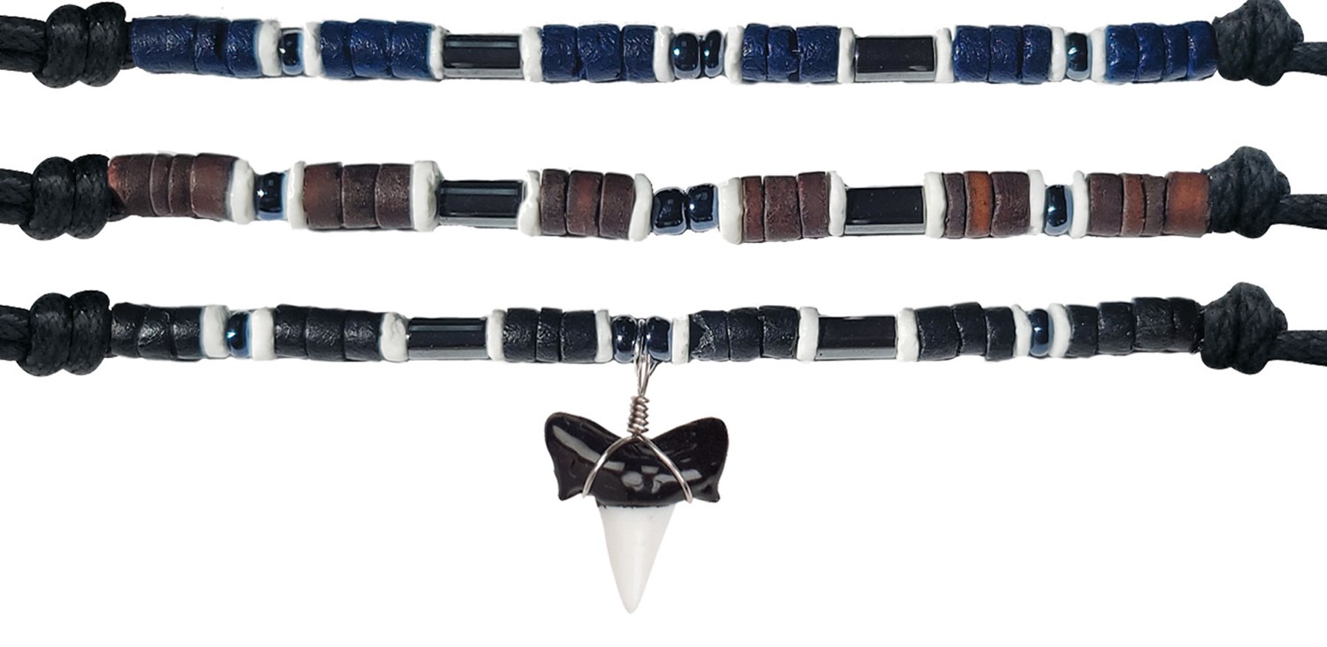 Enamel Shark Tooth Pendant On Adjustable Black Cord Coco Bead Necklace Assorted ZNK1574-ST