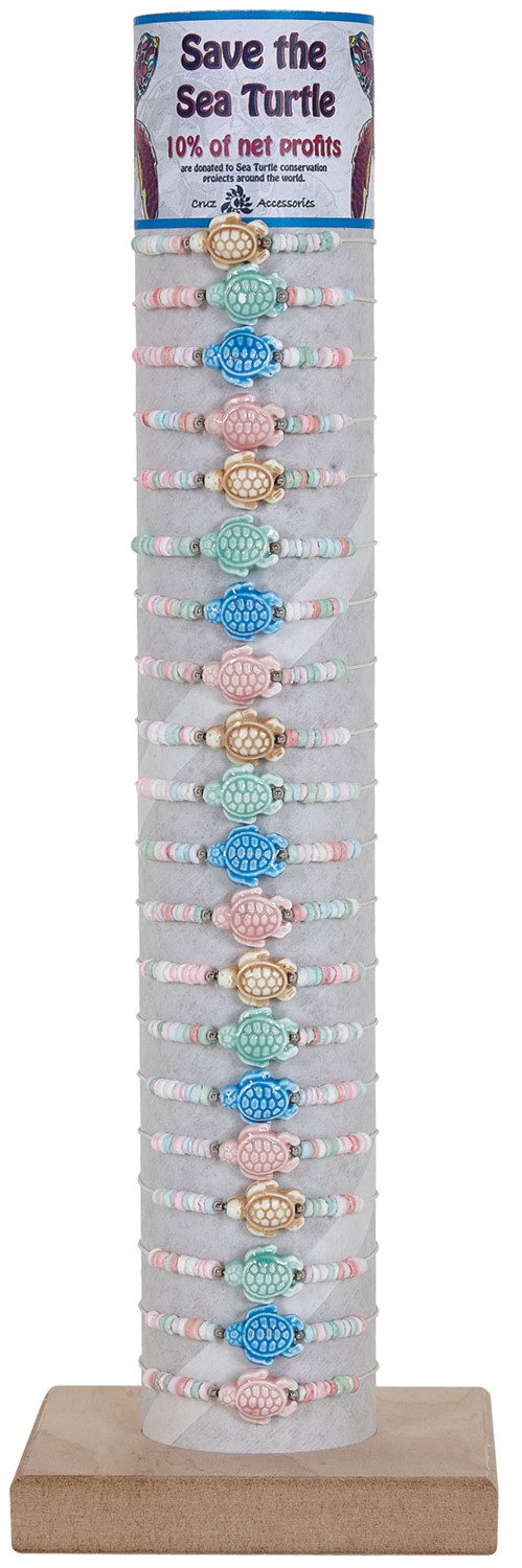 Dyed Shell With Enamel Sea Turtle  Adj Slide Knot Bracelet Asst With Tube & Base BR0950-TUBE