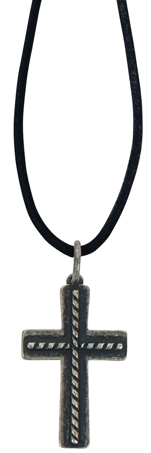 Burnished Cross With Rope Inlay On Leather Cord Necklace ZNK1371