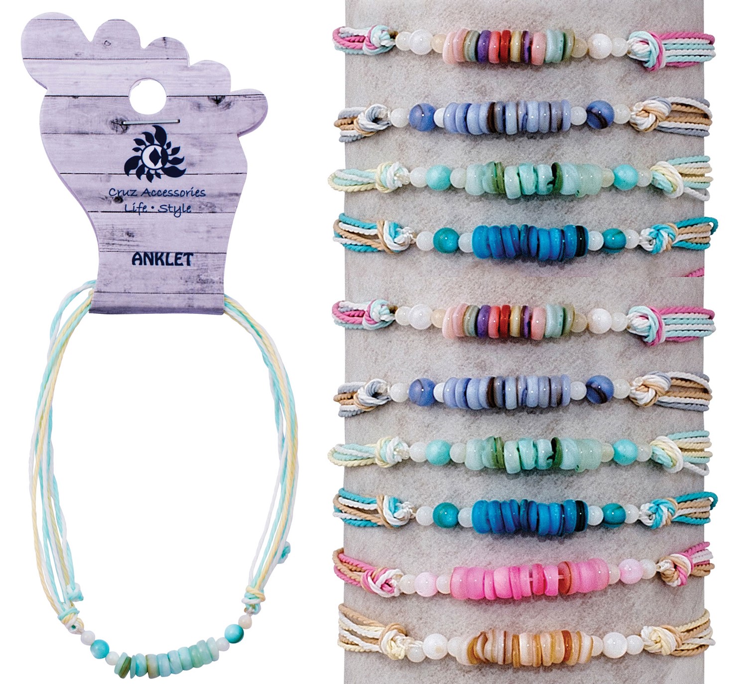 Shell Disc on Multi Color Cord Adjustable Anklet Assorted AK0961