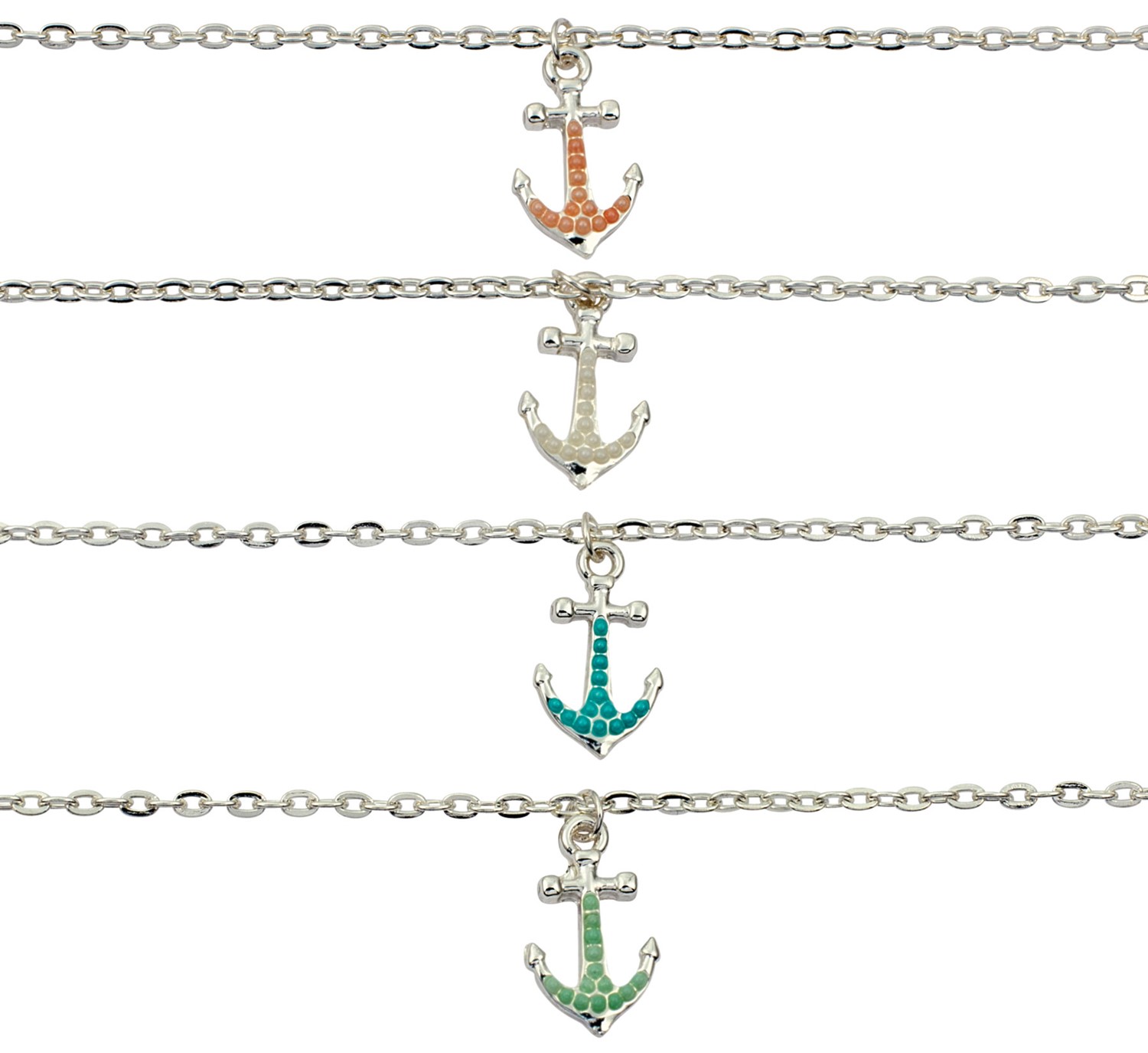 Beaded Anchor Pendant on Silver Chain Anklet Assorted AK2420-AN