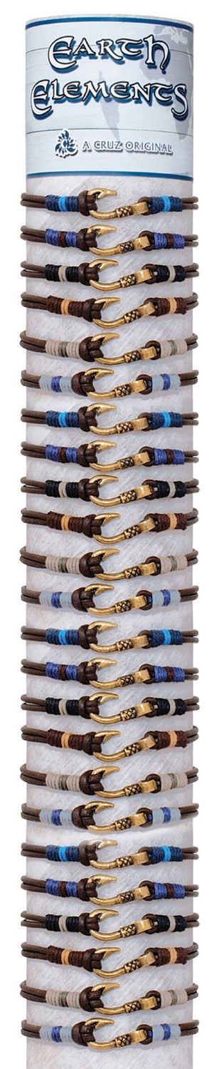 Small Fish Hook on 2 Strand Adj Leather Slide Knot Bracelet Asst w/Tube & Base ZBR0296-TUBE
