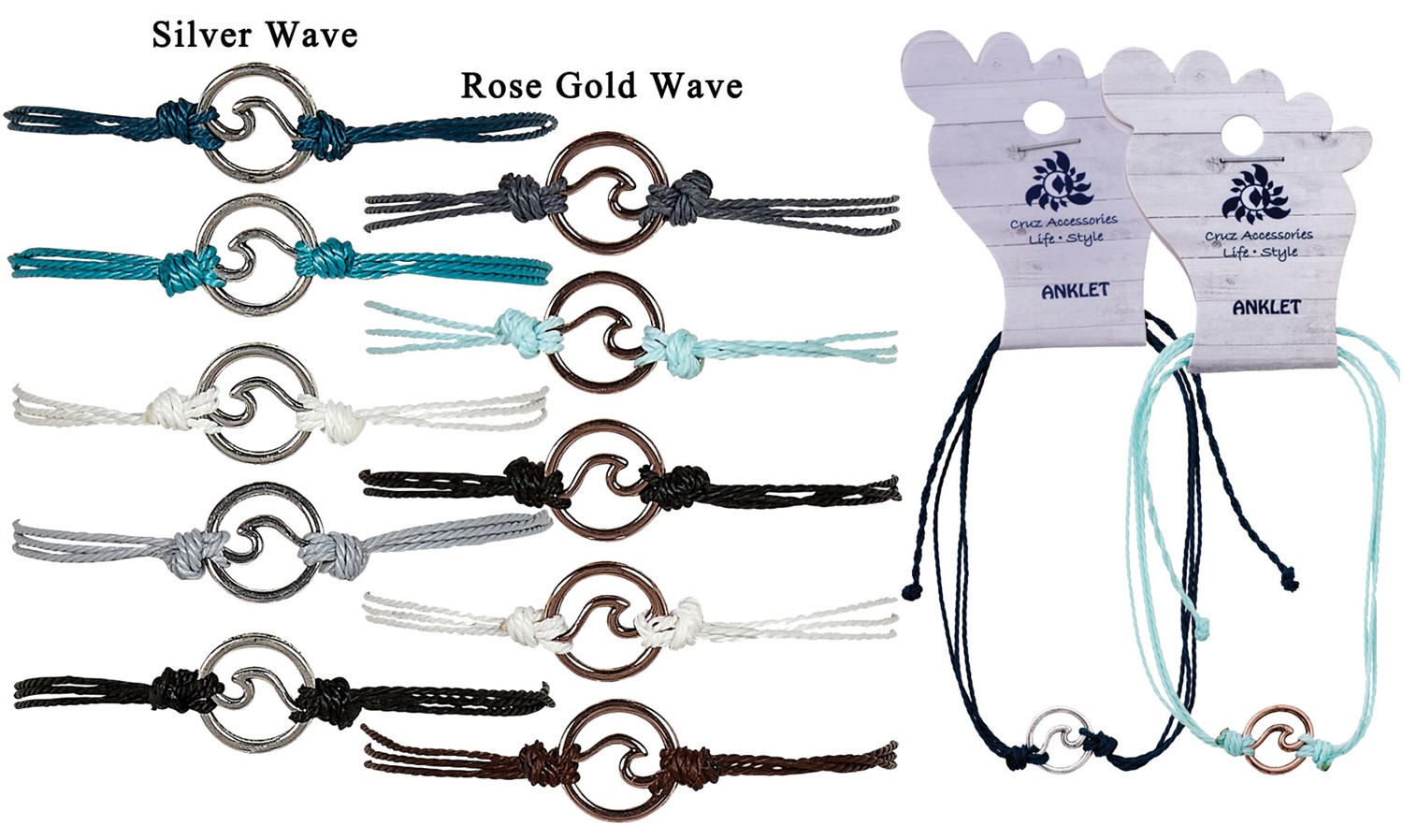 Mini Silver & Gold 2 Wave Pendants On Color Cord Assorted Anklet AK0933