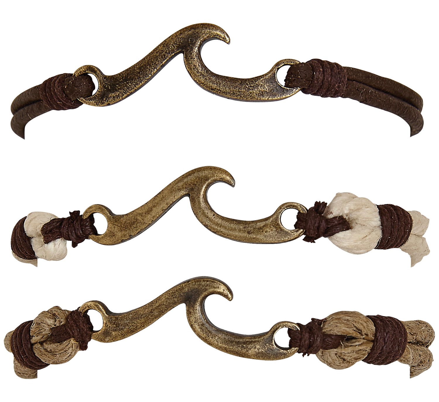Open Wave Pendant On Leather Hemp & Bleach Cord Slide Knot Adj Bracelet Assorted ZBR0298