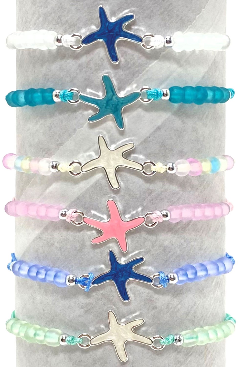 Glass Bead With Star Fish Pendant Slide Knot Adjustable Bracelet Assorted BR0924-SF