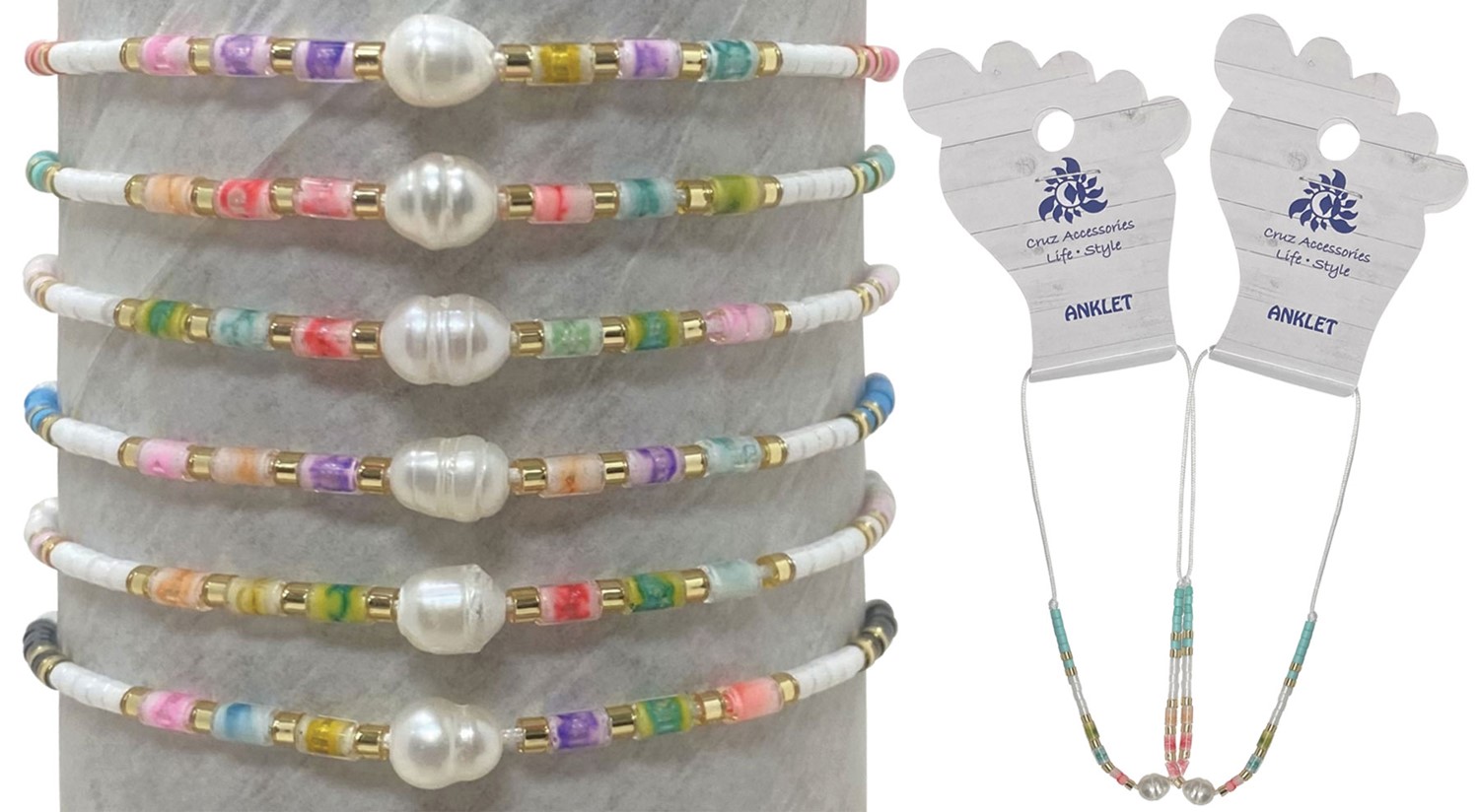 Fresh Water Pearl With Colored Japanese Seed Bead Anklet Assorted AK1823