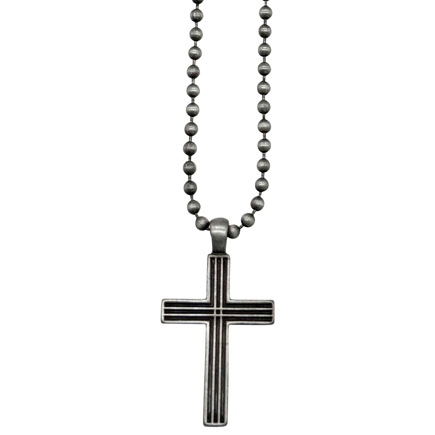 Antique Silver Ball Chain with Striped Cross Necklace ZNK1379