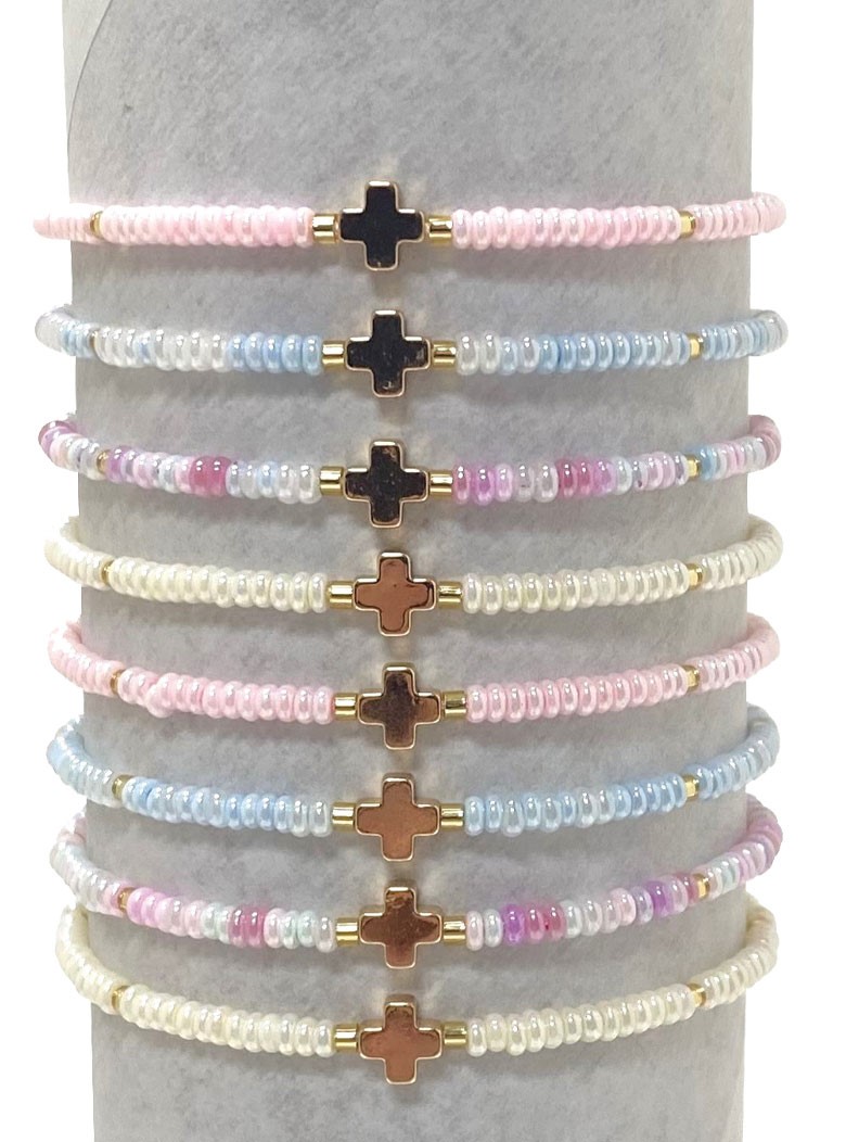 Iridescent Bead with Mini Cross Pendant Bracelet BR1847
