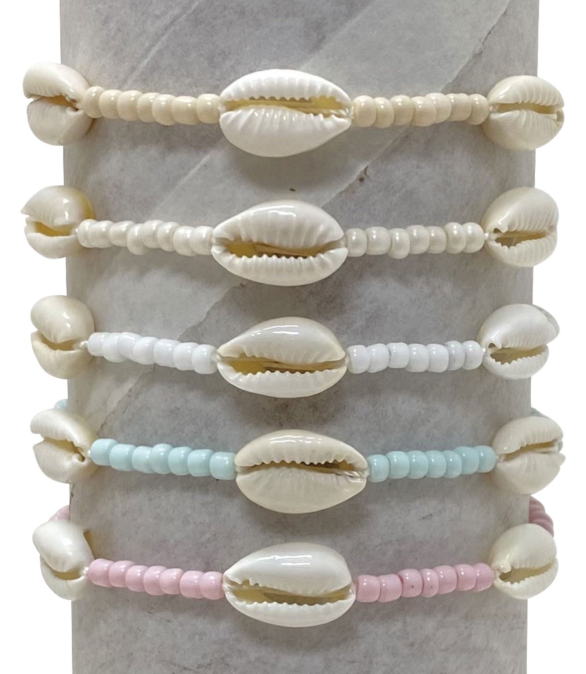 Adjustable 3 Howlite Cowrie & Seed Bead Bracelet BR1845 - COW