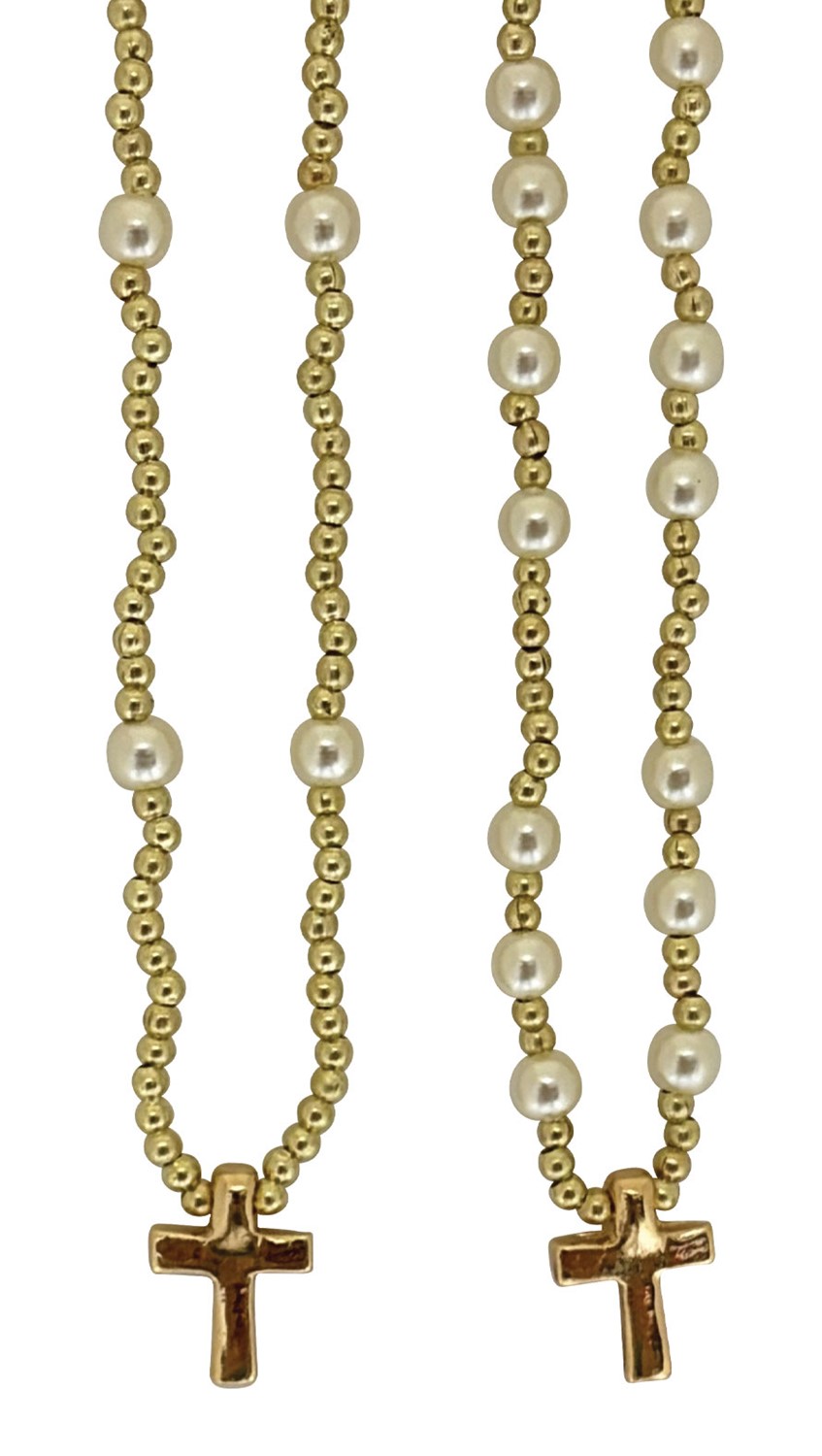 Gold and Pearl Bead with Cross Pendant Necklace NK1851
