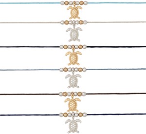 Matte Finish Sea Turtle Pendant W/Beads On Assorted Color Cord Anklet Assorted