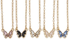 Gold Enamel Floating Butterfly Pendant On Gold Chain Necklace Assorted
