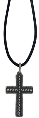 Burnished Cross With Rope Inlay On Leather Cord Necklace