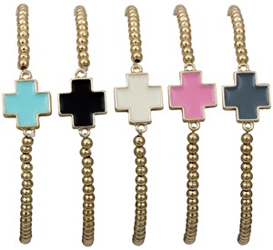 Elastic 3MM Gold Bead With Enamel Cross Pendant Bracelet Assorted