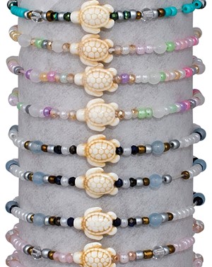 Seed Bead & Facet Bead With Howlite Turtle Elastic Bracelet Assorted