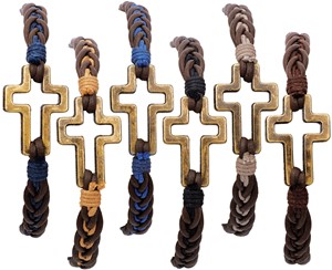 Leather And Twist Cord With Cross Pendant Adjustable Bracelet