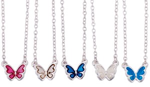 Silver Enamel Floating Butterfly Pendant On Gold Chain Necklace Assorted