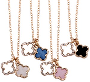 Enamel And Crystal Double Clover Pendants On Gold Chain Necklace Assorted