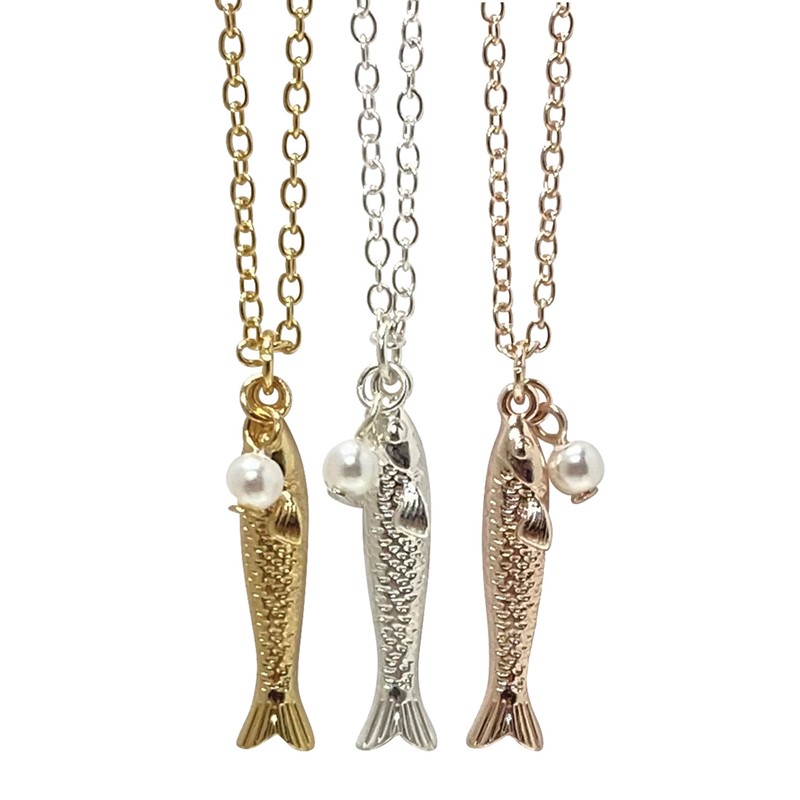 Rose Gold / silver plated / gold skinny fish with pearl necklace NK2701