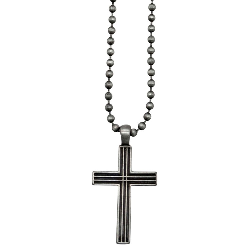 Antique Silver Ball Chain with Striped Cross Necklace ZNK1379