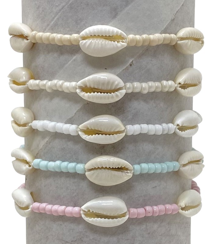 Adjustable 3 Howlite Cowrie & Seed Bead Bracelet BR1845 - COW