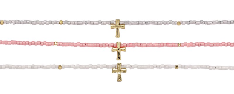 Square Cut 2mm Bead with Gold Cross Anklet AK1849