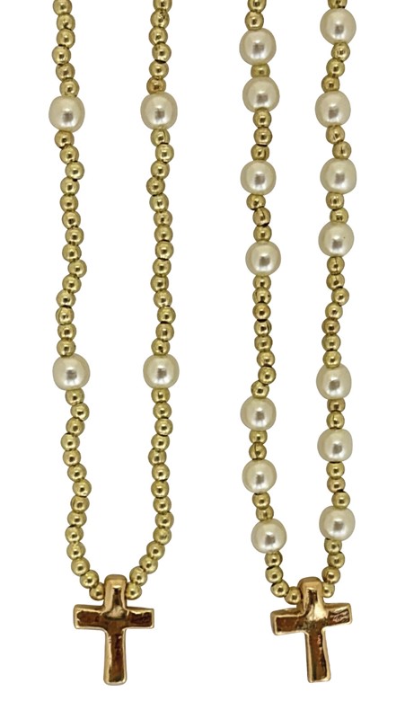 Gold and Pearl Bead with Cross Pendant Necklace NK1851