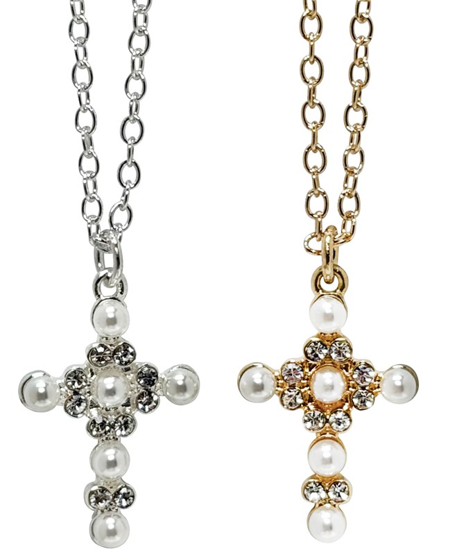 Pearl Bead Rhinestone Cross Necklace NK2718