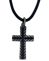 Textured Cross Pendant on Leather Cord Necklace