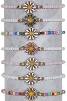 White Seed Bead With Daisy Pendant Slide Knot Adjustable Bracelet Assorted