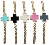 Elastic 3MM Gold Bead With Enamel Cross Pendant Bracelet Assorted