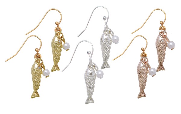 Rose Gold / Silver Plated / Gold Plated Fish with Pearl Pendant Earrings