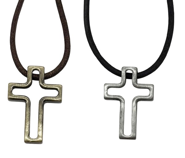 Antique Gold / Silver Plated Open Cross on Leather Necklace