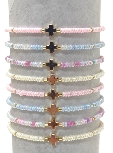 Iridescent Bead with Mini Cross Pendant Bracelet