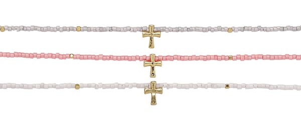 Square Cut 2mm Bead with Gold Cross Anklet