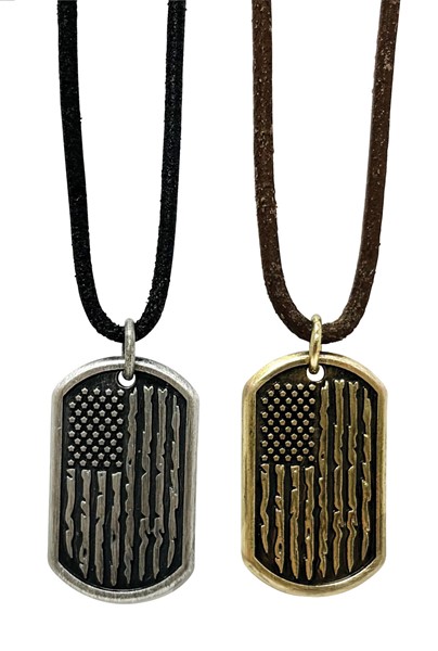 Dog Tag "US Flag" Pendant Leather Necklace