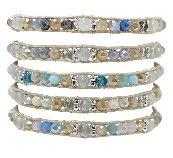 Adjustable Facet and Silver Bead Natural Cord Bracelet