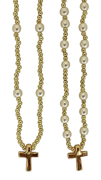 Gold and Pearl Bead with Cross Pendant Necklace
