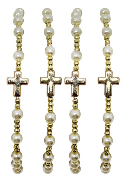 Elastic Pearl Bead with Cross Pendant Bracelet