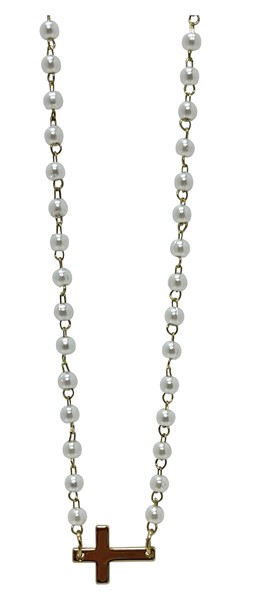 2 mm Pearl Bead with Gold Cross Necklace