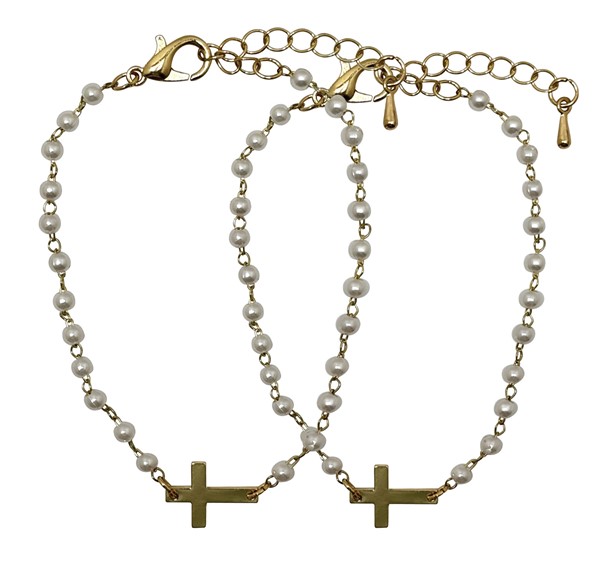 2mm Pearl Bead with gold Cross Bracelet